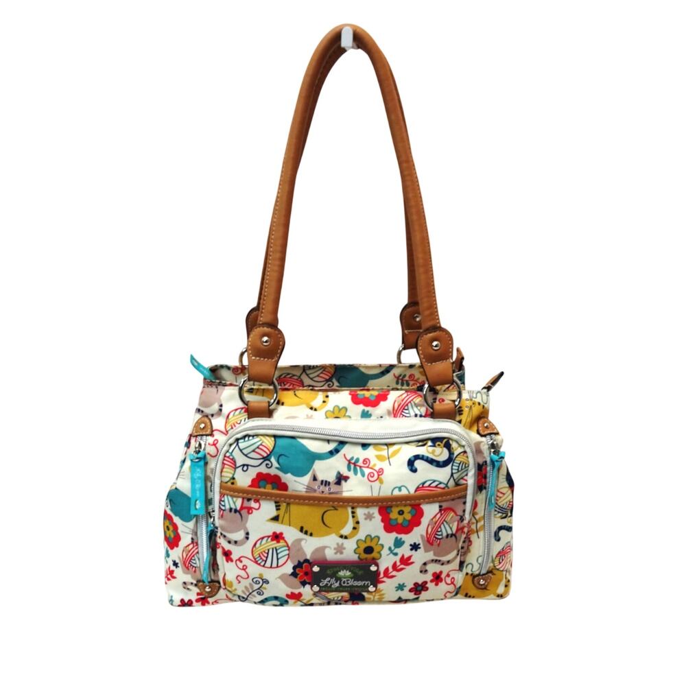 Lily Bloom Cat Print Tote – Recycled Polyester – Brown Trim